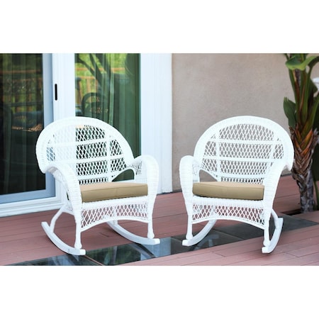 Jeco W00209-R-2-FS006-CS White Wicker Rocker Chair with Tan Cushion, 2PK W00209-R_2-FS006-CS